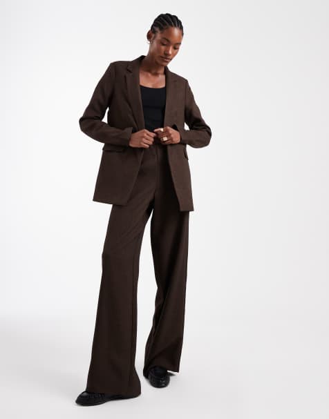 Vero Moda Tall oversized tweed look tailored blazer and wide leg trousers set in chocolate - view 1