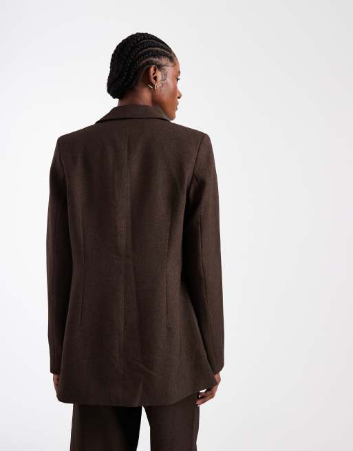 Vero Moda Tall oversized tweed look tailored blazer in chocolate (part of a set), 3 of 4