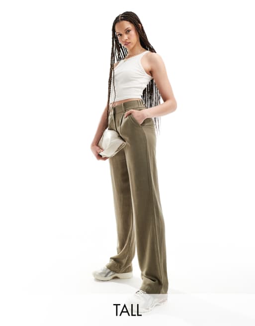 Vero Moda Tall - Pantaloni dad con fondo ampio in lino verde kaki