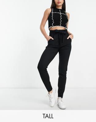 Vero Moda Tall Vero Moda Tall paperbag tie waist tapered trousers in black