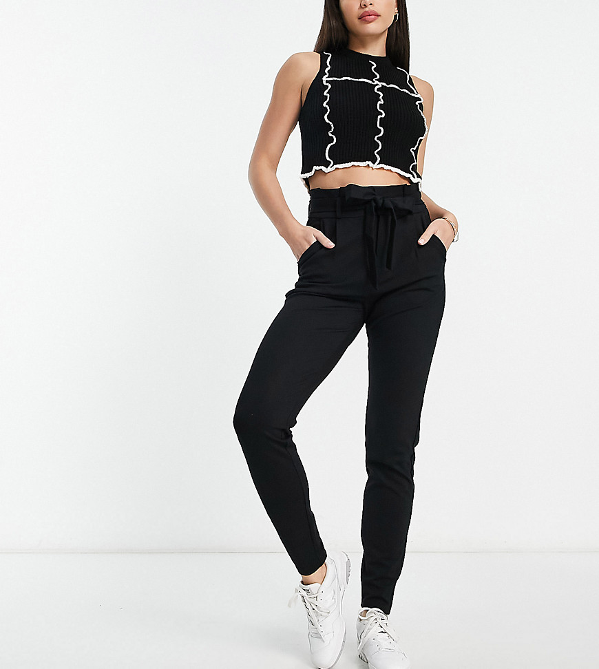 Vero Moda Tall paperbag tie waist tapered trousers in black