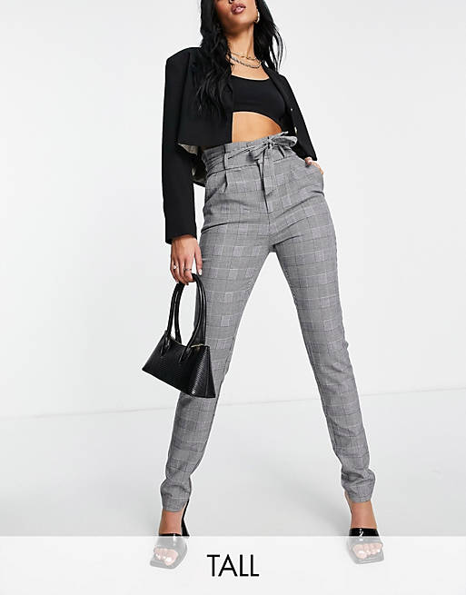 Vero Moda Tall paperbag trouser in grey check