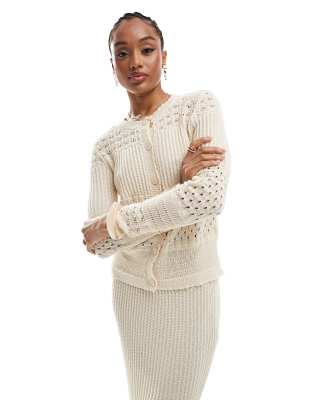 patched crochet cardigan in cream - part of a set-White