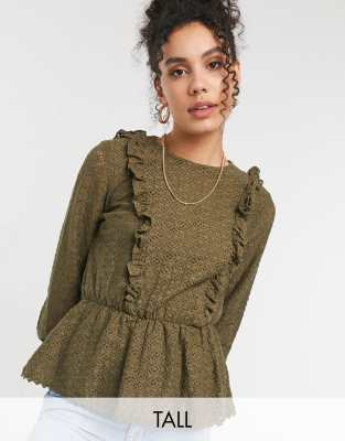 Vero Moda Tall peplum lace blouse in khaki - ASOS Price Checker