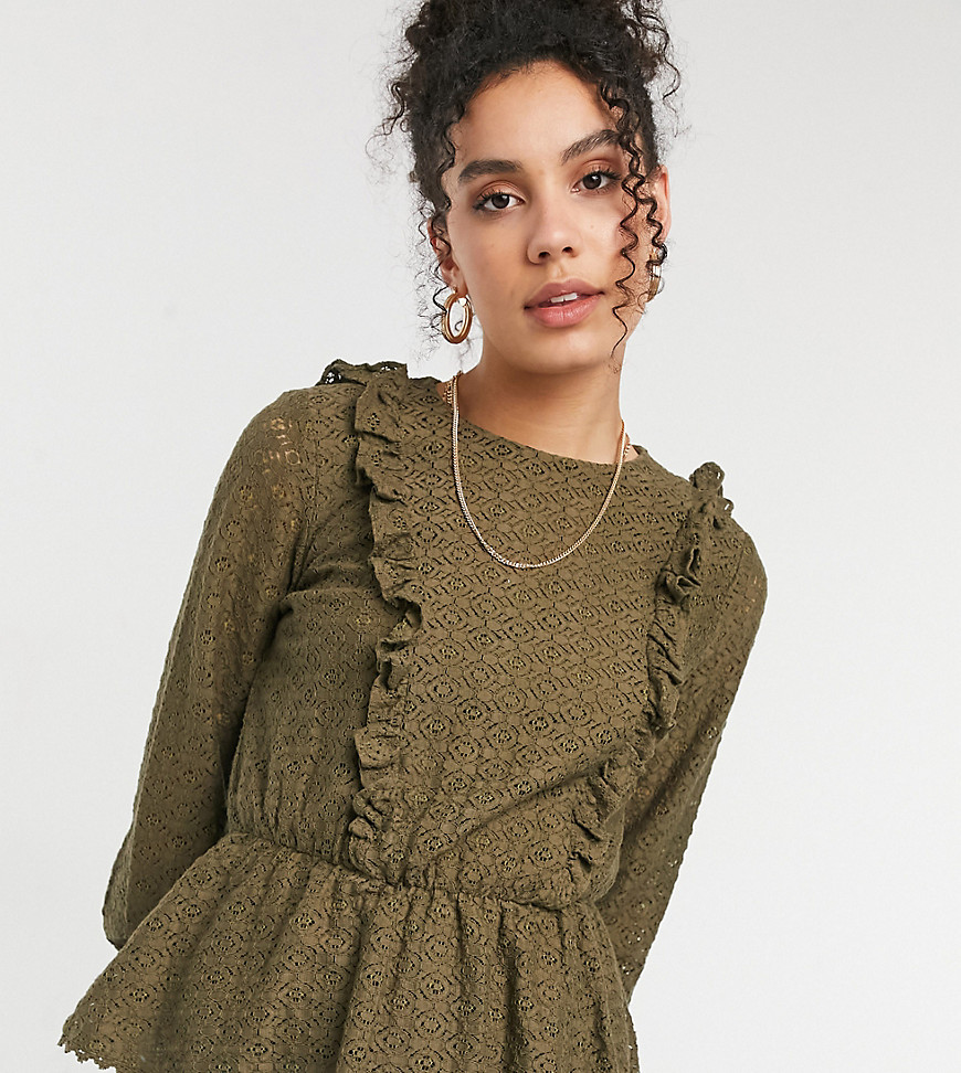 Vero Moda Tall peplum lace blouse in khaki-Green