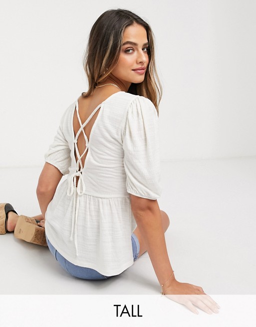 Vero Moda Tall peplum top with lace up back detail in white