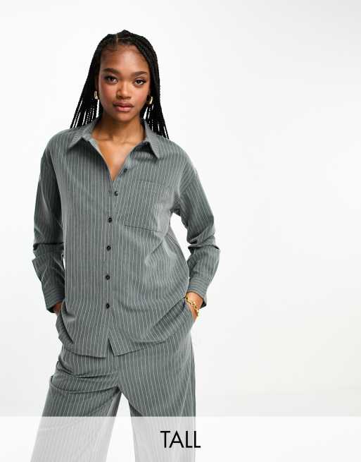 Vero Moda Tall pinstripe oversized shirt in grey (part of a set) 