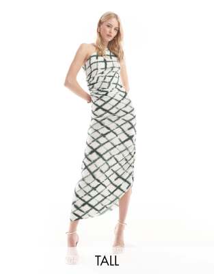 Vero Moda Tall Plisse One Shoulder Maxi Dress In Tie Dye Plaid-white