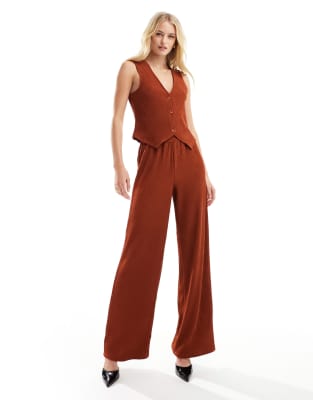 Vero Moda Tall plisse waistcoat and wide leg trouser co ord in rust