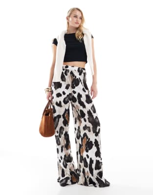 plisse wide leg pants in abstract animal print-Multi