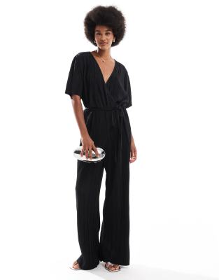 plisse wrap front jumpsuit in black