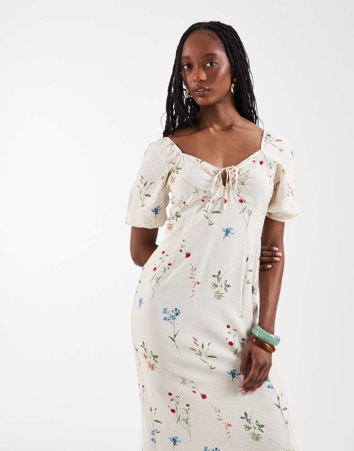 ASOS Vero Moda Tall puff sleeve tie front detail maxi dress in cream floral print
