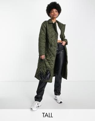 quilted maxi coat in khaki-Green