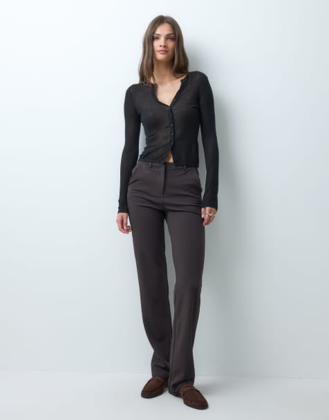 Vero Moda Tall rechte jersey broek met riemlussen in chocoladebruin - view 1