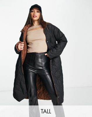 Vero Moda Tall reversible diamond quilted funnel neck coat in black and brown