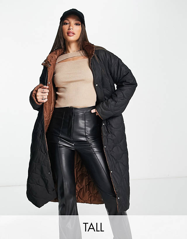 Vero Moda Tall - reversible diamond quilted funnel neck coat in black and brown