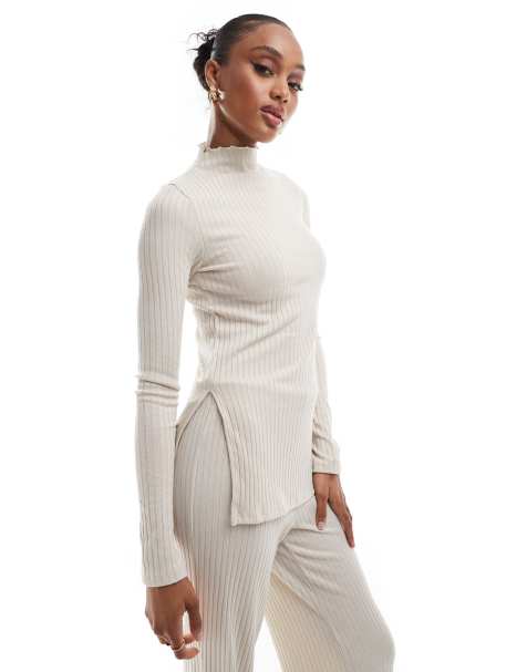 Vero Moda Tall ribbed jersey longline top in stone - part of a set - view 1