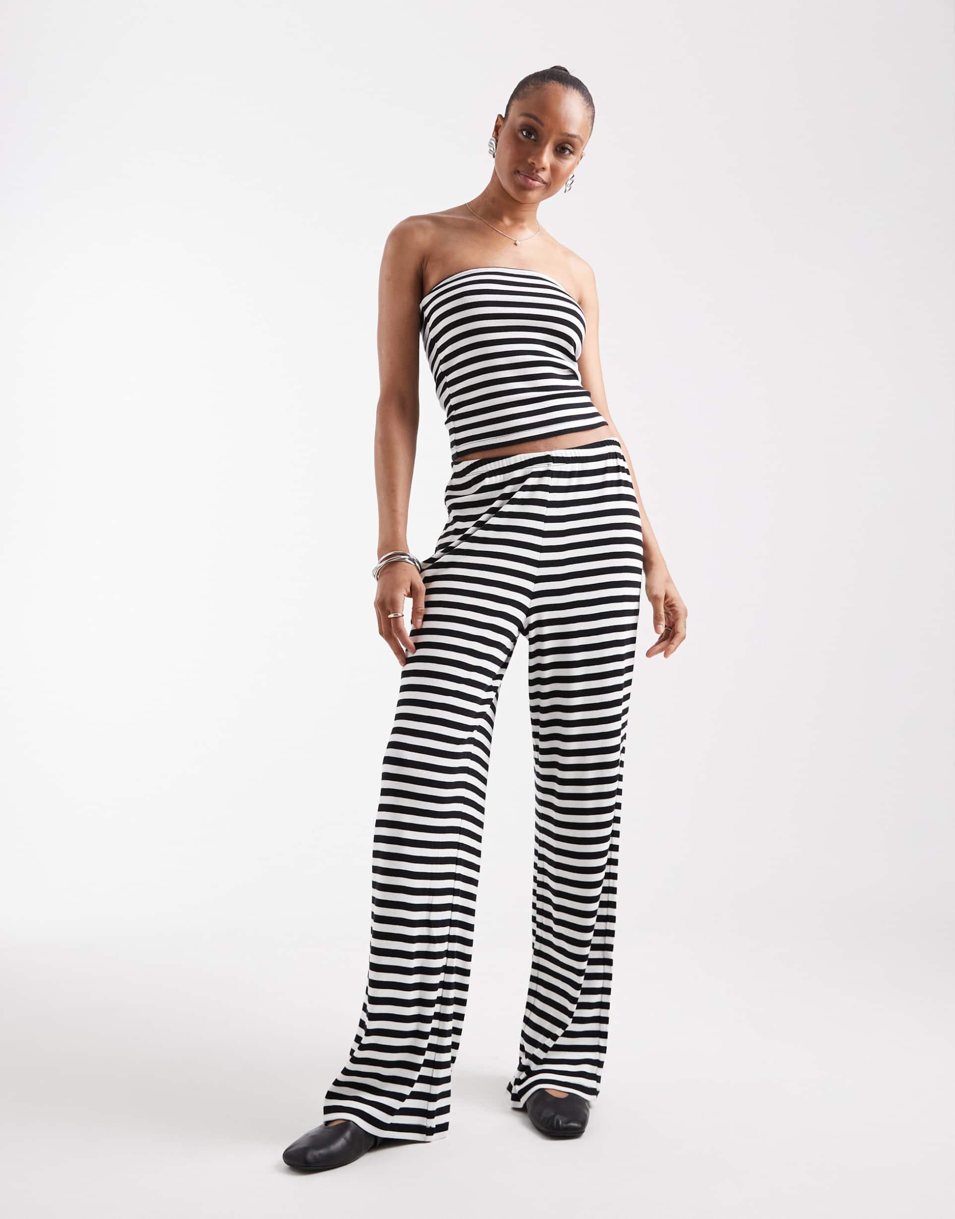 vero moda tall ribbed jersey pants in black and white stripes - part of a set