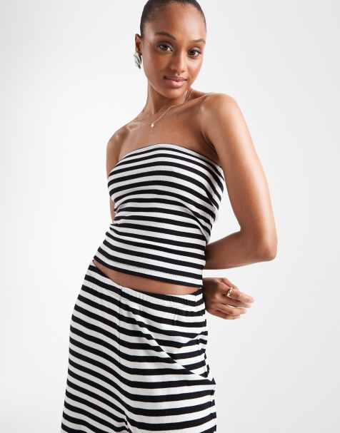 Vero Moda Tall ribbed jersey tube top in black and white stripes - part of a set - view 1