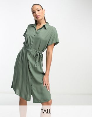 Vero Moda Tall shirt midi dress with tie belt in green - ASOS Price Checker