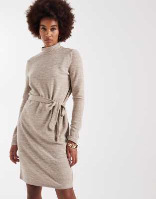Robe courte en maille à col montant et liens à la taille - Taupe-Neutral M