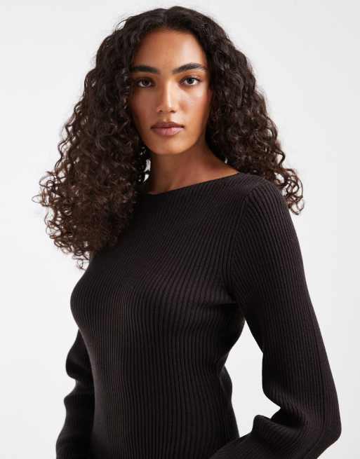 Vero Moda Tall robe courte en maille à manches longues et col bateau, chocolat, 2 de 4