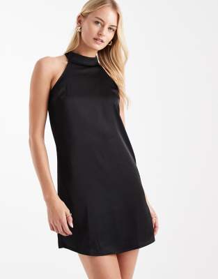 Robe courte en satin avec coupe nageur et col montant - Noir XS