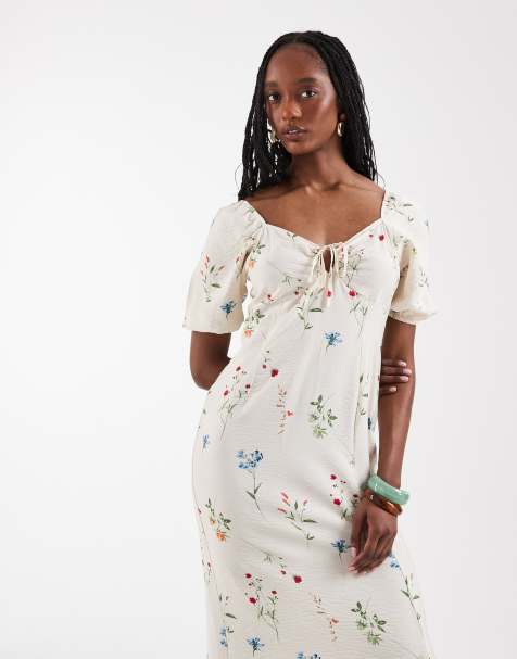Vero Moda Tall - Robe longue à imprimé fleuri à manches bouffantes et détail noué à l'avant - Crème - view 1