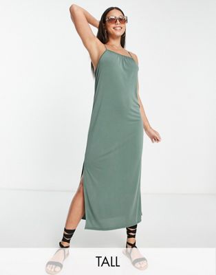 Vero Moda Tall lightweight midi cami dress with tie back in khaki - ASOS Price Checker