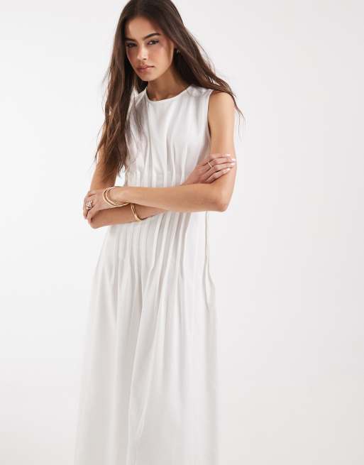 Vero Moda Tall - Robe mi-longue sans manches en popeline à taille plissée - Blanc, 2 de 4