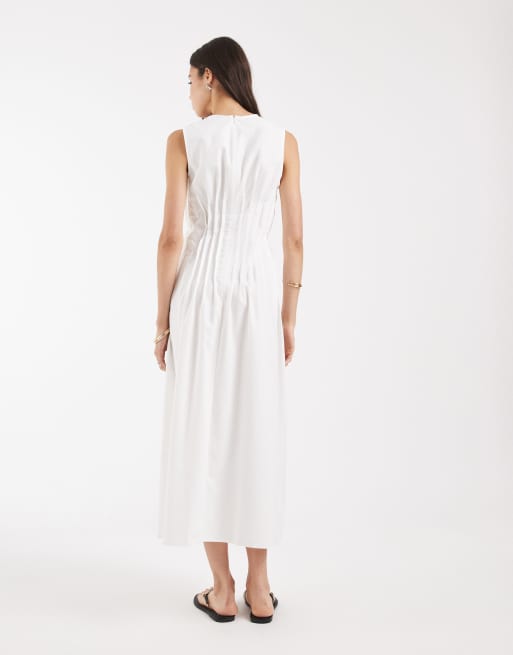 Vero Moda Tall - Robe mi-longue sans manches en popeline à taille plissée - Blanc, 3 de 4