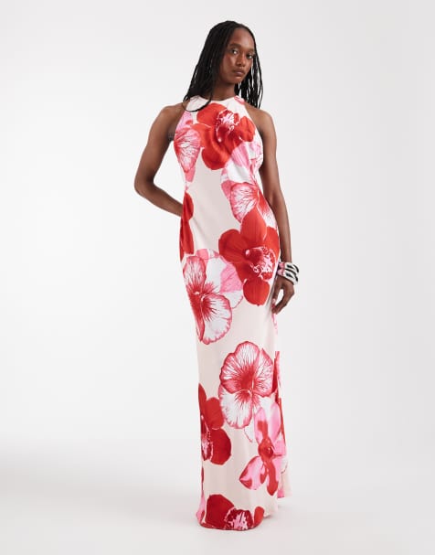 Vero Moda Tall - Robe mi-longue sans manches en satin à dos ouvert et fleurs oversize - Rose clair - view 1