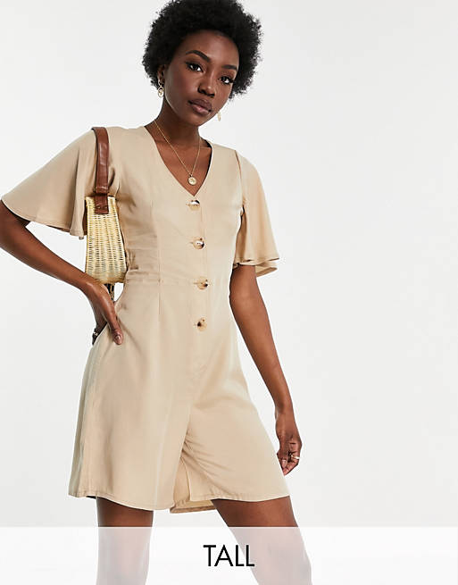Vero Moda Tall romper playsuit with flutter sleeves in beige