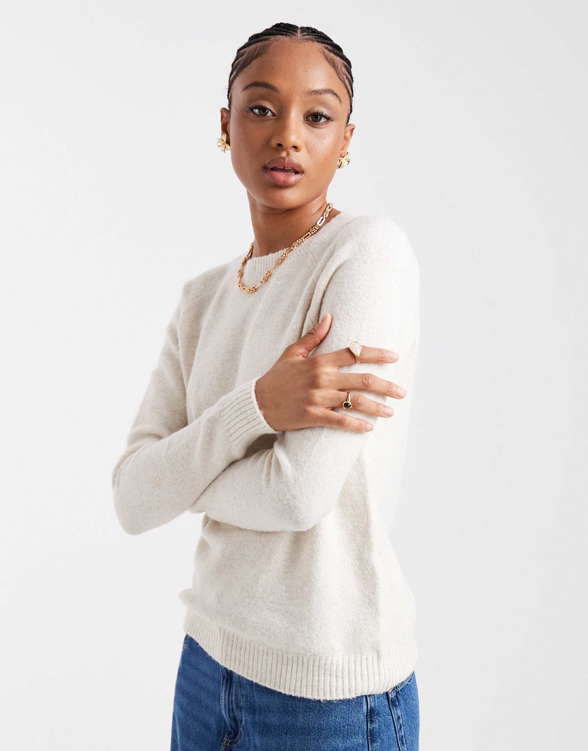 vero moda tall round neck knit sweater in cream