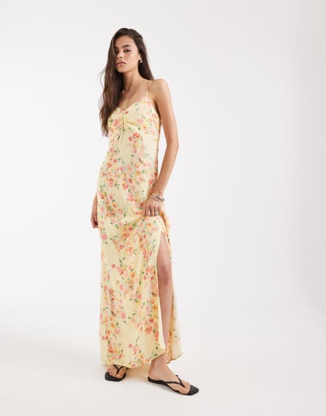 Vero Moda Tall ruched bust detail cami midi dress in yellow based floral print - view 1