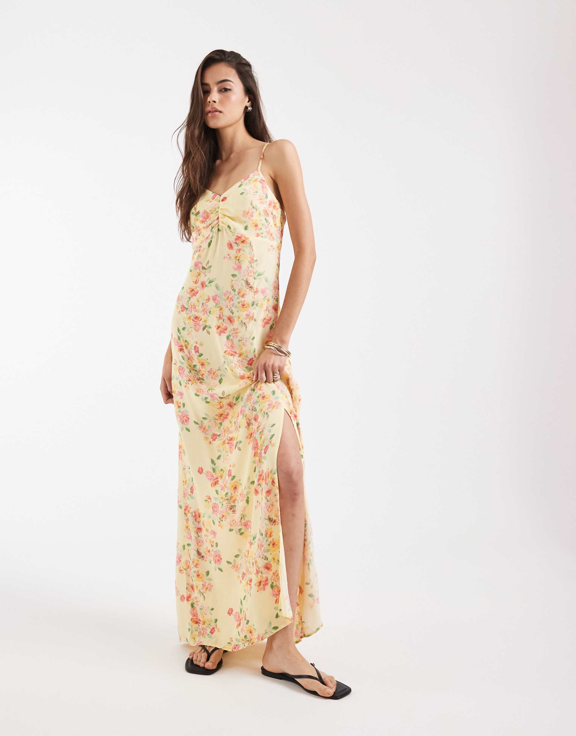 vero moda tall ruched bust detailing cami midi dress in yellow based floral print