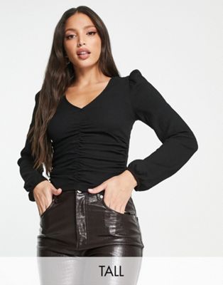 Vero Moda Tall ruched long sleeve top in black