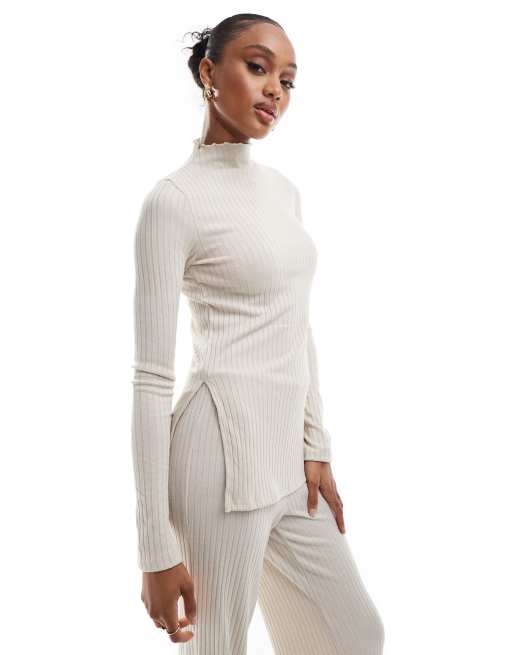 Vero Moda Tall – Sandfärgad, ribbad, lång topp i jersey, del av set