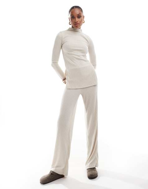 Vero Moda Tall – Sandfärgade, ribbade byxor i dad-modell, del av set - view 1