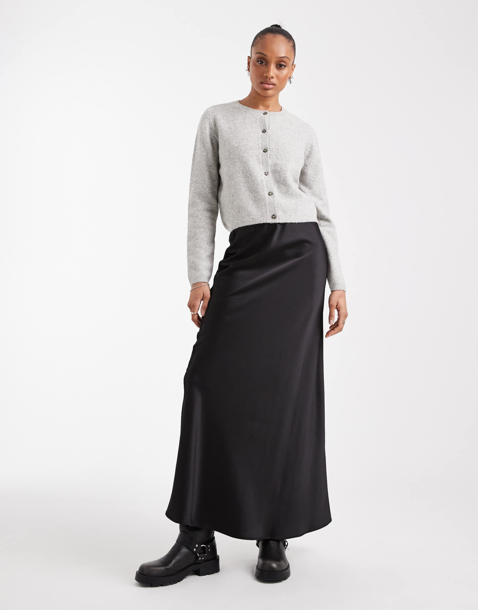 vero moda tall satin bias cut midi skirt in black
