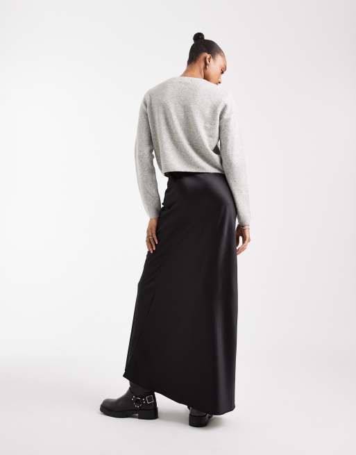 Vero Moda Tall satin bias cut midi skirt in black