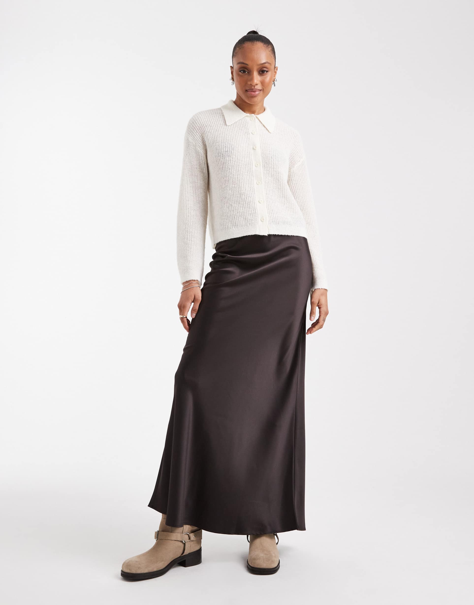 vero moda tall satin bias cut midi skirt in chocolate