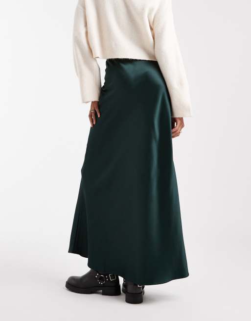 Vero Moda Tall satin bias cut midi skirt in emerald green