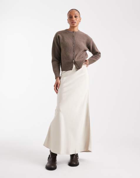 Vero Moda Tall satin bias midi skirt in stone - view 1