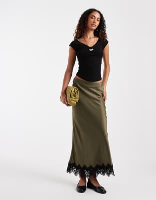 Vero Moda Tall Satin Midi Skirt With Lace Detail Hem In Green
