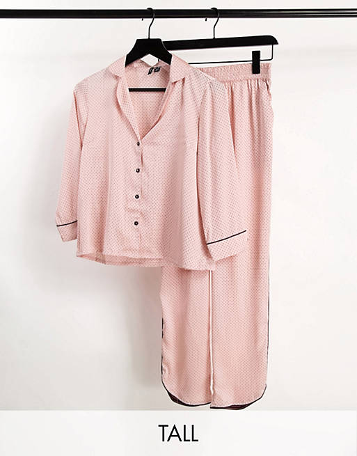 Vero Moda Tall satin piped pyjama set in pink polka dot