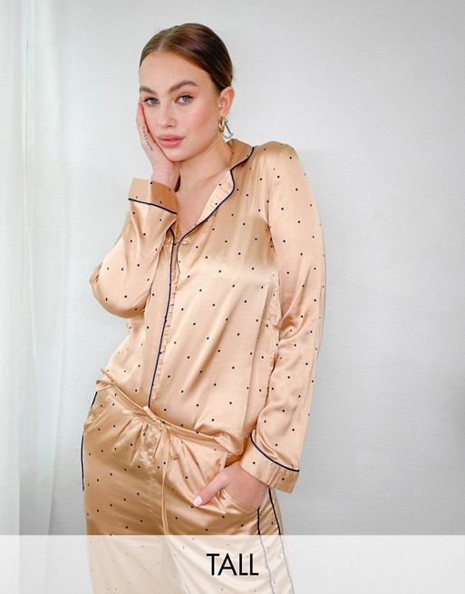 Vero Moda Tall satin pyjama set in beige spot print