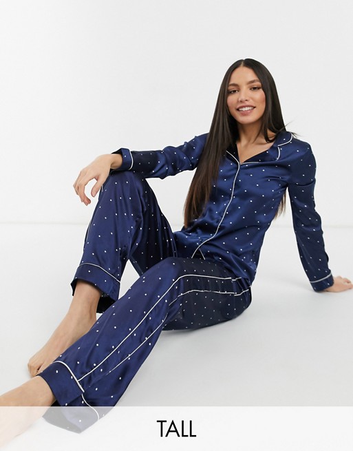 Vero Moda Tall satin pyjama set in navy spot print