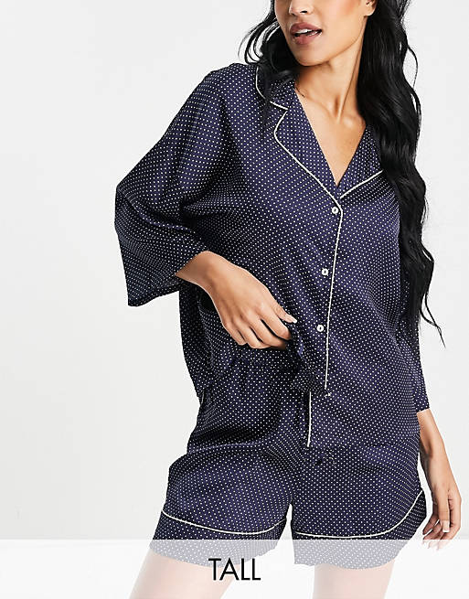 Vero Moda Tall satin pyjama shirt and shorts set with contrast trim in navy polka dot