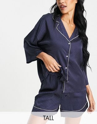 Vero Moda Tall satin shirt set with contrast trim in navy polka dot - ASOS Price Checker